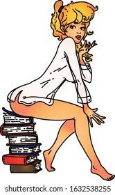 tattoo in traditional style of a pinup girl sitting on books