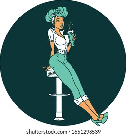 tattoo in traditional style of a pinup girl drinking a milkshake