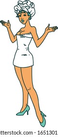 tattoo in traditional style of a pinup girl in towels