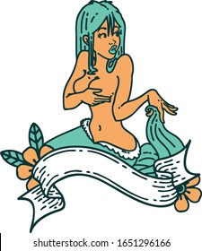 tattoo in traditional style of a pinup mermaid with banner