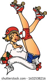 tattoo in traditional style of a pinup roller derby girl with banner