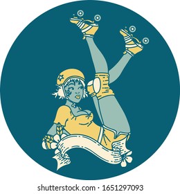 tattoo in traditional style of a pinup roller derby girl with banner