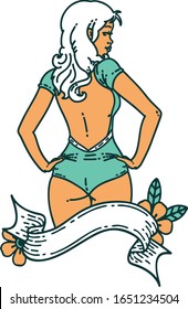 tattoo in traditional style of a pinup swimsuit girl with banner