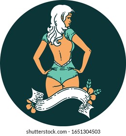 tattoo in traditional style of a pinup swimsuit girl with banner