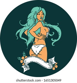 tattoo in traditional style of a pinup viking girl with banner