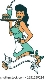 tattoo in traditional style of a pinup waitress girl with banner