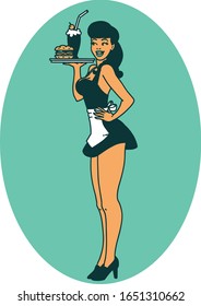 tattoo in traditional style of a pinup waitress girl