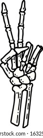 tattoo in traditional style of a skeleton giving a peace sign 