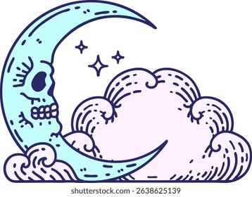 tattoo in traditional style of a skull crescent moon and clouds in bright neon colors