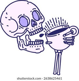 tattoo in traditional style of a skull drinking coffee in bright neon colors