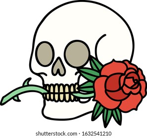 tattoo in traditional style of a skull and rose