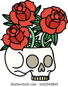 tattoo in traditional style of a skull and roses