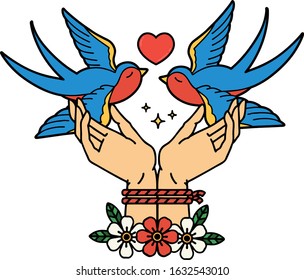 tattoo in traditional style of tied hands and swallows