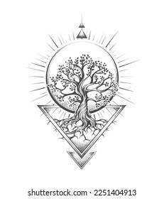 Tattoo of Tree of Life and Sacred Geometry Esoteric isolated on White Background. Vector illustration.