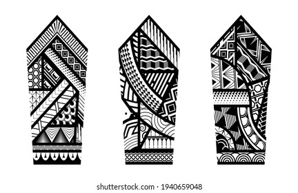 Tattoo tribal abstract sleeve set, black arm shoulder tattoo fantasy pattern vector art design isolated on white background