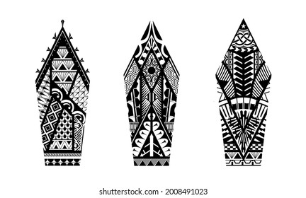 Tattoo tribal abstract sleeve set, black arm shoulder tattoo fantasy pattern vector art design isolated on white background