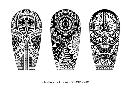 Tattoo tribal abstract sleeve set, black arm shoulder tattoo fantasy pattern vector art design isolated on white background