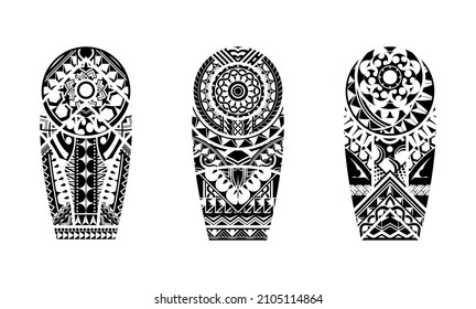 Tattoo tribal abstract sleeve set, black arm shoulder tattoo fantasy pattern vector art design isolated on white background