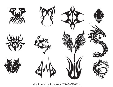 Tattoo tribal vector design art set. isolated on white background