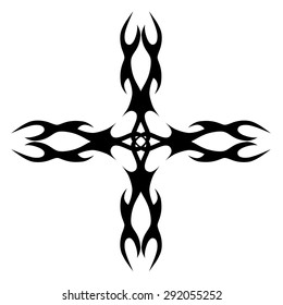 Tattoo tribal vector design sketch. Cross art decorative black ornament. Simple logo on white background. Designer isolated abstract element for arm, leg, shoulder men and women.