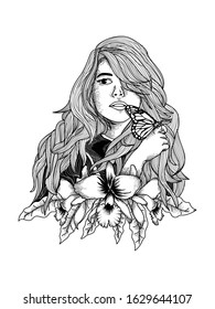 Tattoo And Tshirt Design Beauty Girl With Buterfly And Flower Premium Vector