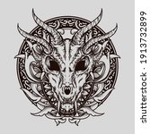 tattoo and t-shirt design black and white hand drawn illustration dragon skull engraving ornament 