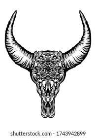 tattoo and tshirt design black and white handdrawn bull skull handdrawn premium vector