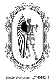 tattoo and tshirt design  black and white handdrawn cool skeleton with surf board in frame ornament premium vector