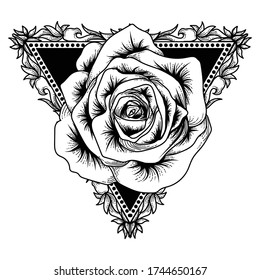 tattoo and tshirt design black and white handdrawn rose in triangle ornament premium vector