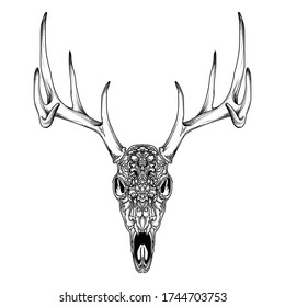 tattoo and tshirt design black and white handdrawn deer skull ornament premium vector