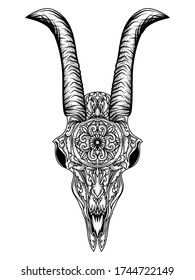 tattoo and tshirt design black and white handdrawn goat skull horn premium vector