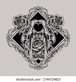tattoo and tshirt design black and white handdrawn tiger sabrethooth with roses in frame ornament premium vector