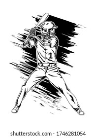 tattoo and t-shirt design black and white hand drawn baseball skeleton premium vector
