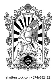 tattoo and t-shirt design black and white hand drawn aquarius zodiac in farme ornament premium vector