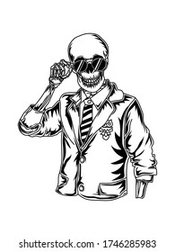 tattoo and t-shirt design black and white hand drawn coll skeleton with black glasses premium vector