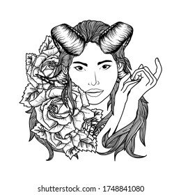 tattoo and t-shirt design  black and white hand drawn beauty women with horn and roses premium vector