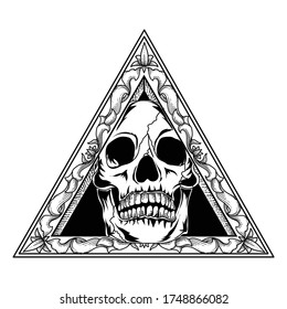 tattoo and t-shirt design  black and white hand drawn skull in triangle premium vector