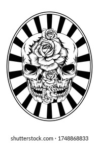 tattoo and t-shirt design  black and white hand drawn roses in skull in oval frame premium vector