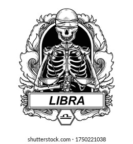 tattoo and t-shirt design black and white hand drawn illustration skeleton libra zodiac premium vector