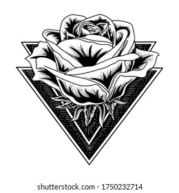 tattoo and t-shirt design black and white hand drawn illustration rose with triangle premium vector