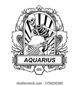 tattoo and t-shirt design black and white hand drawn illustration aquarius skeleton zodiac premium vector