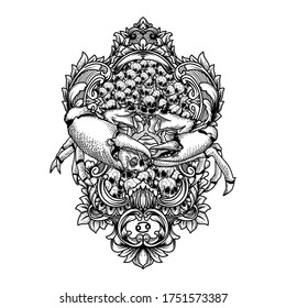 tattoo and t-shirt design black and white hand drawn illustration cancer skull zodiac premium vector