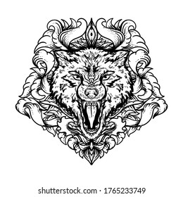 tattoo and t-shirt design black and white hand drawn illustration wolf head with engraving ornament premium vector