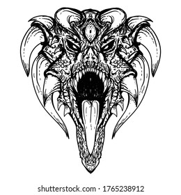 diseño de tatuajes y camisetas cabeza de dragón dibujada a mano en blanco y negro   vector premium