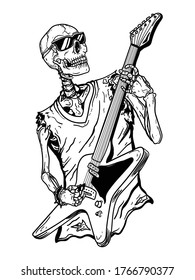 tattoo and t-shirt design black and white hand drawn illustration skeleton guitarist rock star premium vector