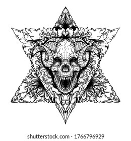 tattoo and t-shirt design black and white hand drawn engraving ornament double triangle with devil skull premium vector