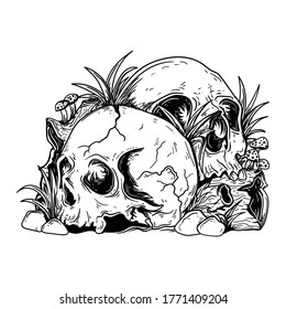 tattoo and t-shirt design black and white hand drawn illustration skull with grass and stone premium vector
