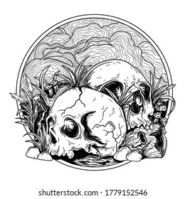 tattoo and t-shirt design black and white hand drawn 2 human skull with wood and grass premium vector