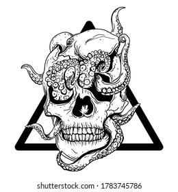 tattoo and t-shirt design  black and white hand drawn skull and octopus premium vector