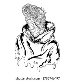 tattoo and t-shirt design  black and white hand drawn iguana lizard man premium vector